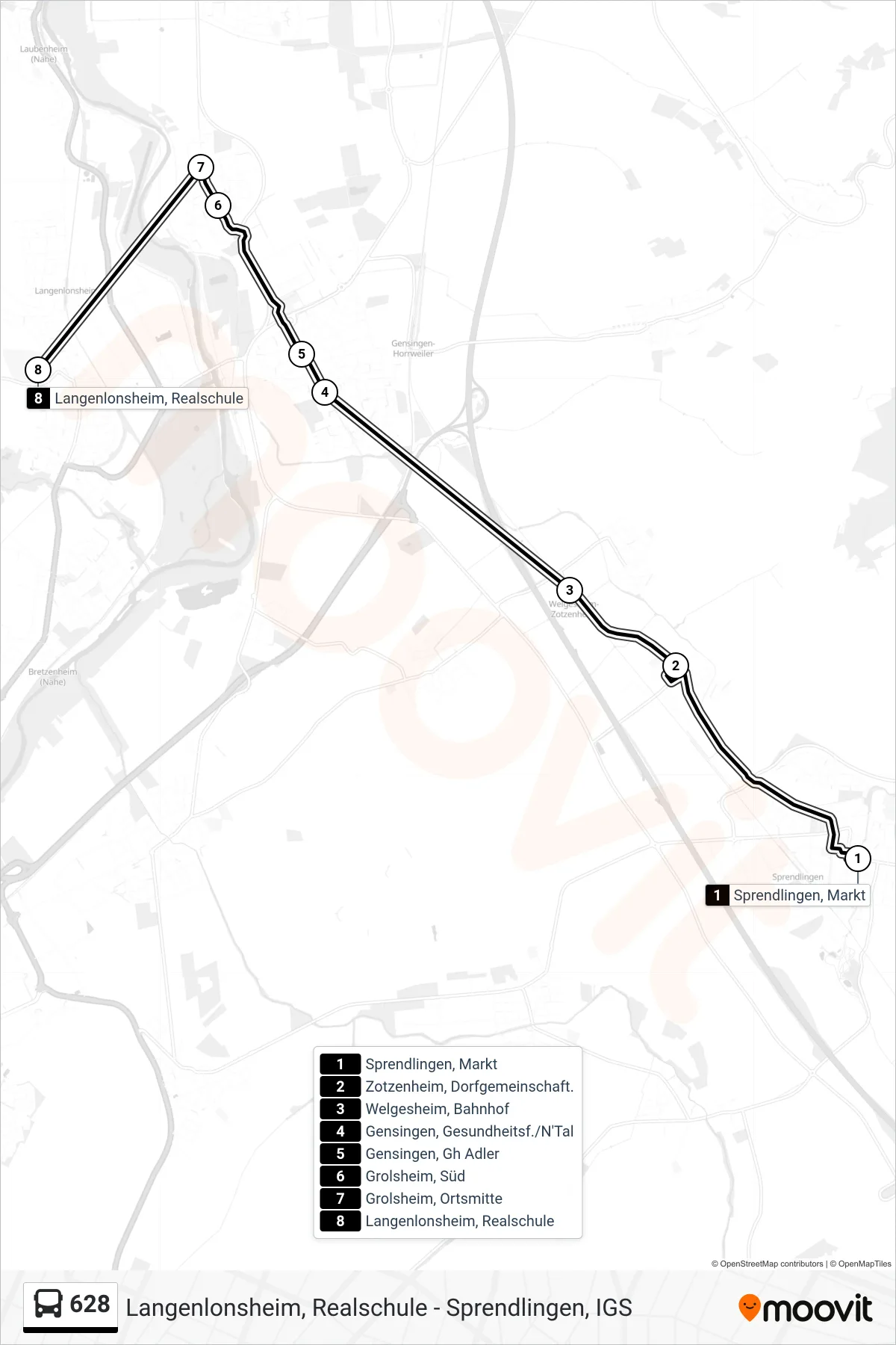 628 bus Line (Langenlonsheim, Realschule) route and stops on a map