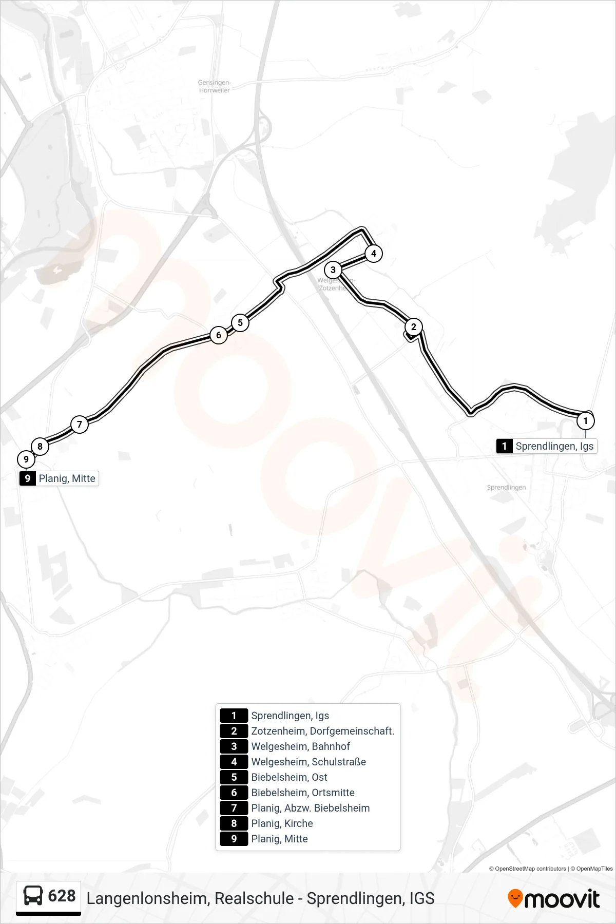 628 bus Line (Planig, Mitte) route and stops on a map