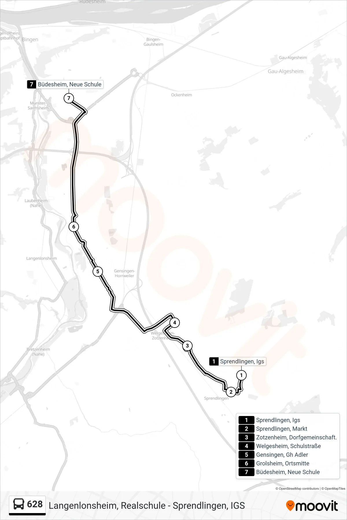 628 bus Line (Büdesheim, Neue Schule) route and stops on a map