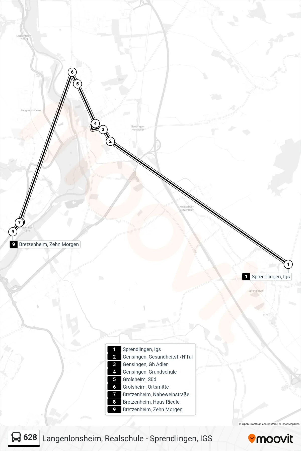628 bus Line (Bretzenheim, Zehn Morgen) route and stops on a map