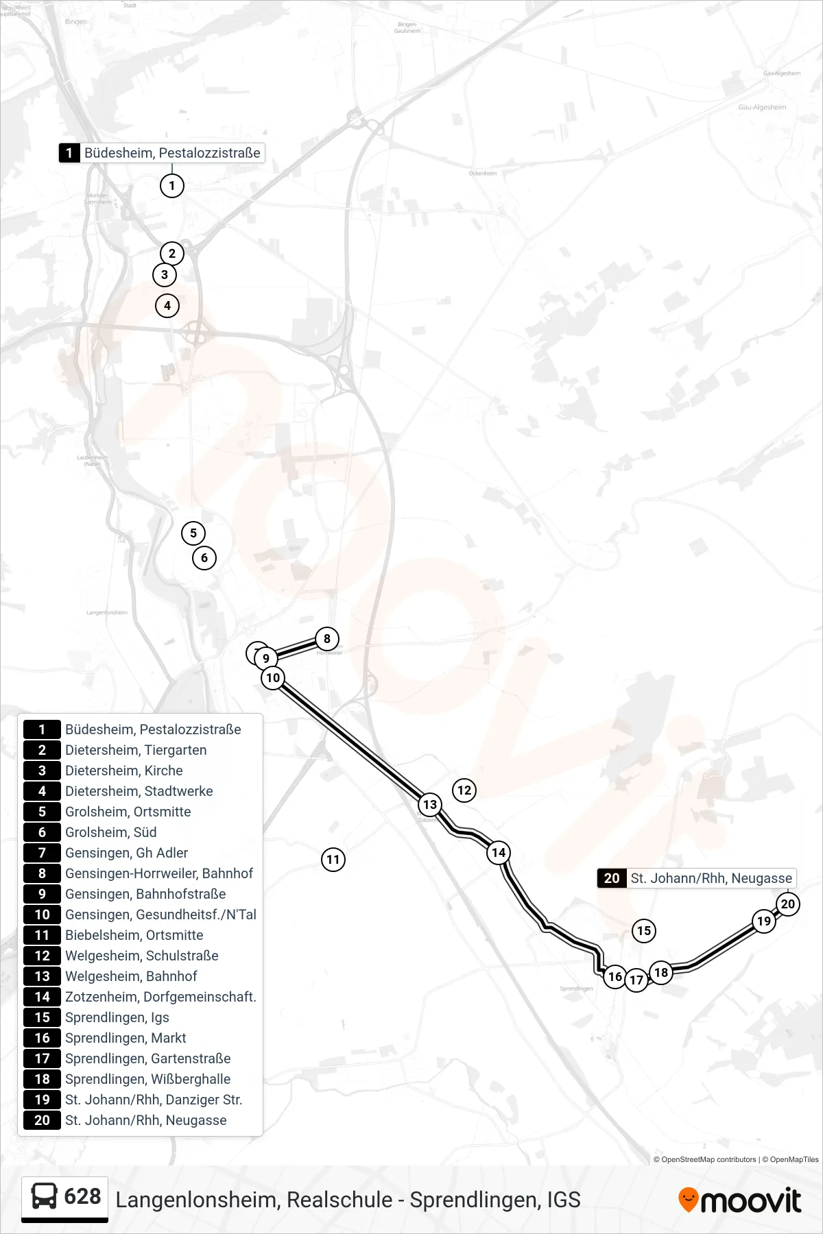 628 bus Line (St. Johann/Rhh, Neugasse) route and stops on a map