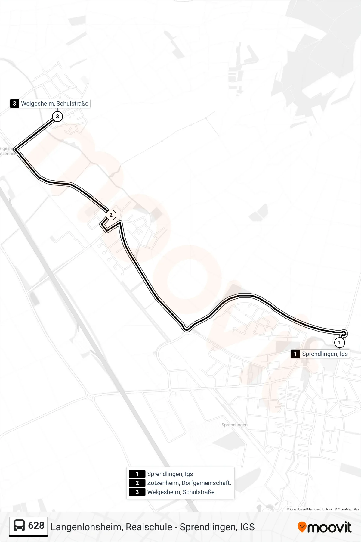 628 bus Line (Welgesheim, Schulstraße) route and stops on a map