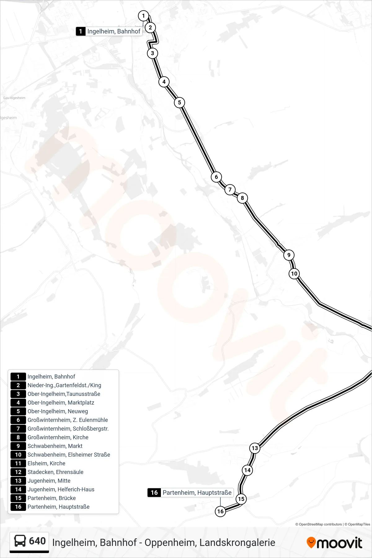 640 bus Line (Partenheim, Hauptstraße) route and stops on a map