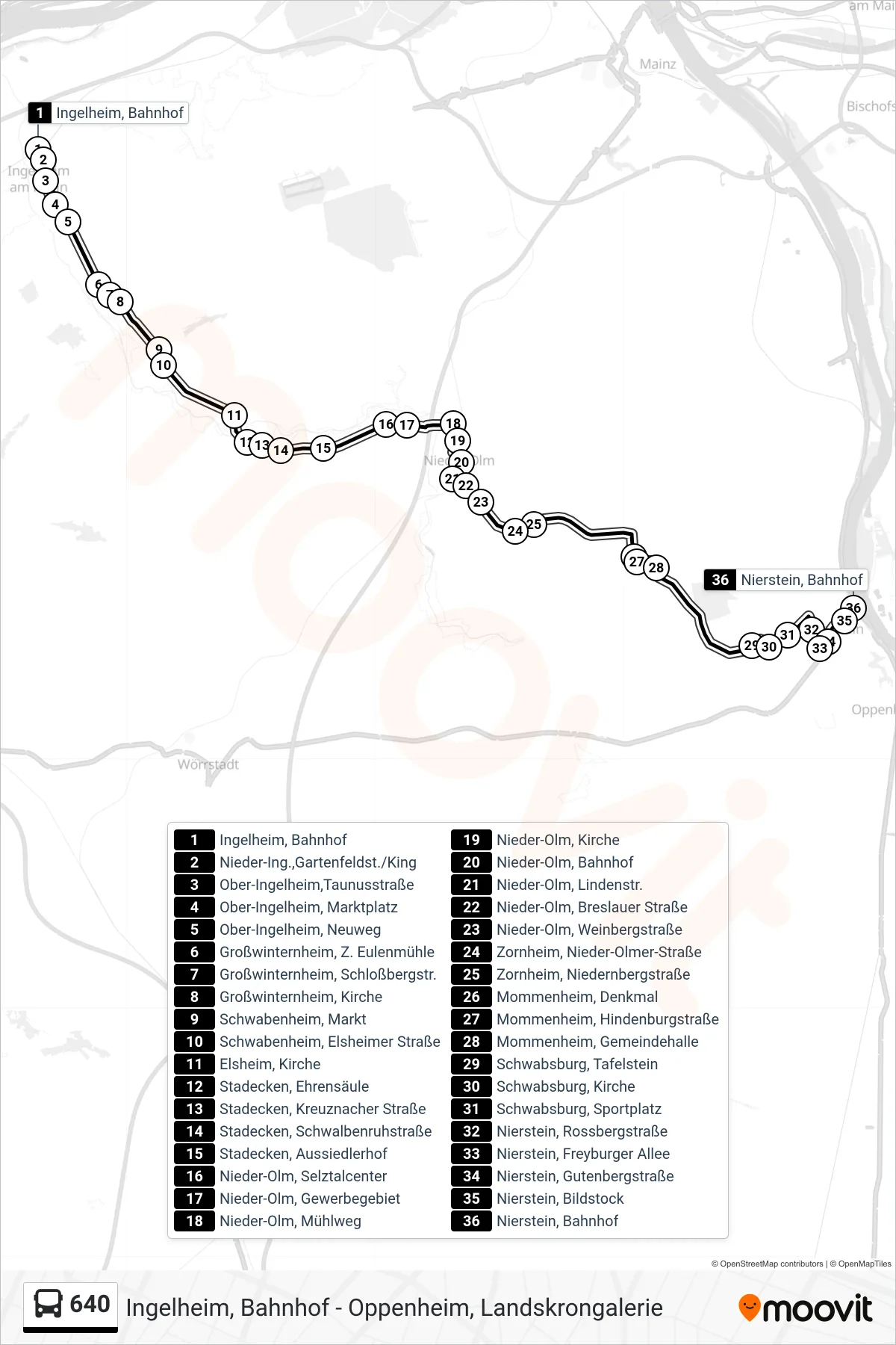 640 bus Line (Nierstein, Bahnhof) route and stops on a map