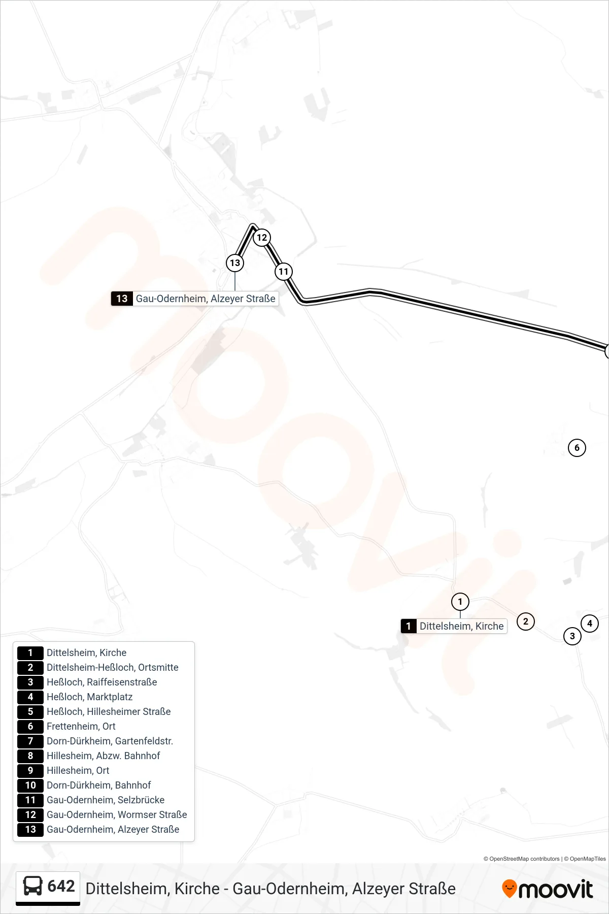 Linie 642 (Bus) Richtung Gau-Odernheim, Alzeyer Straße: Route und Haltestellen auf der Karte