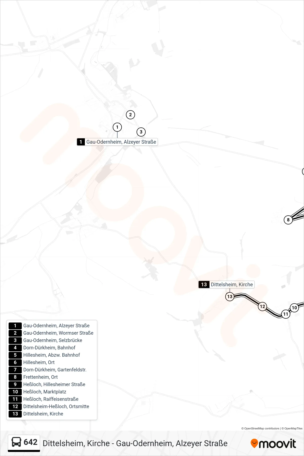 642 bus Line (Dittelsheim, Kirche) route and stops on a map