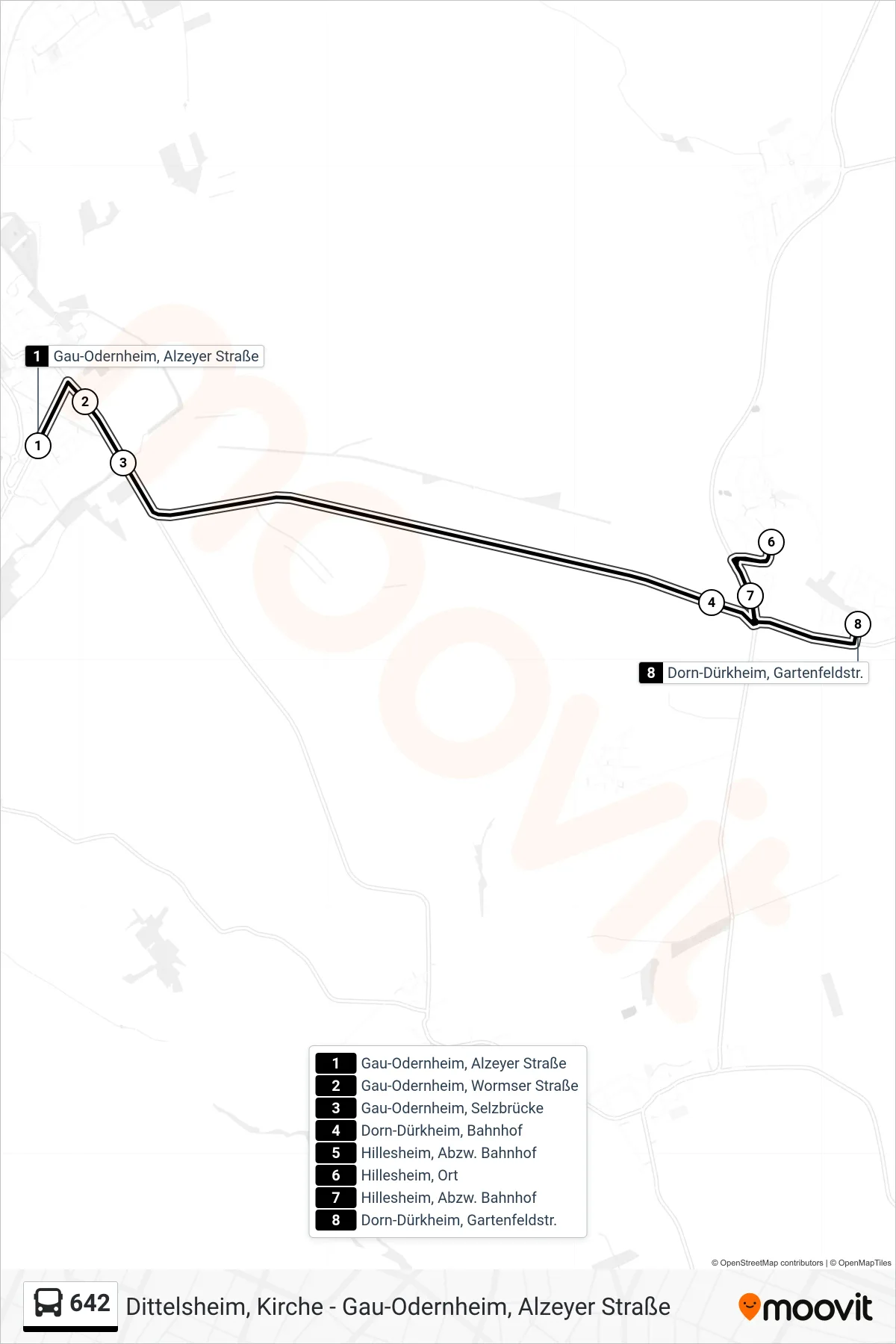 642 bus Line (Dorn-Dürkheim, Gartenfeldstr.) route and stops on a map