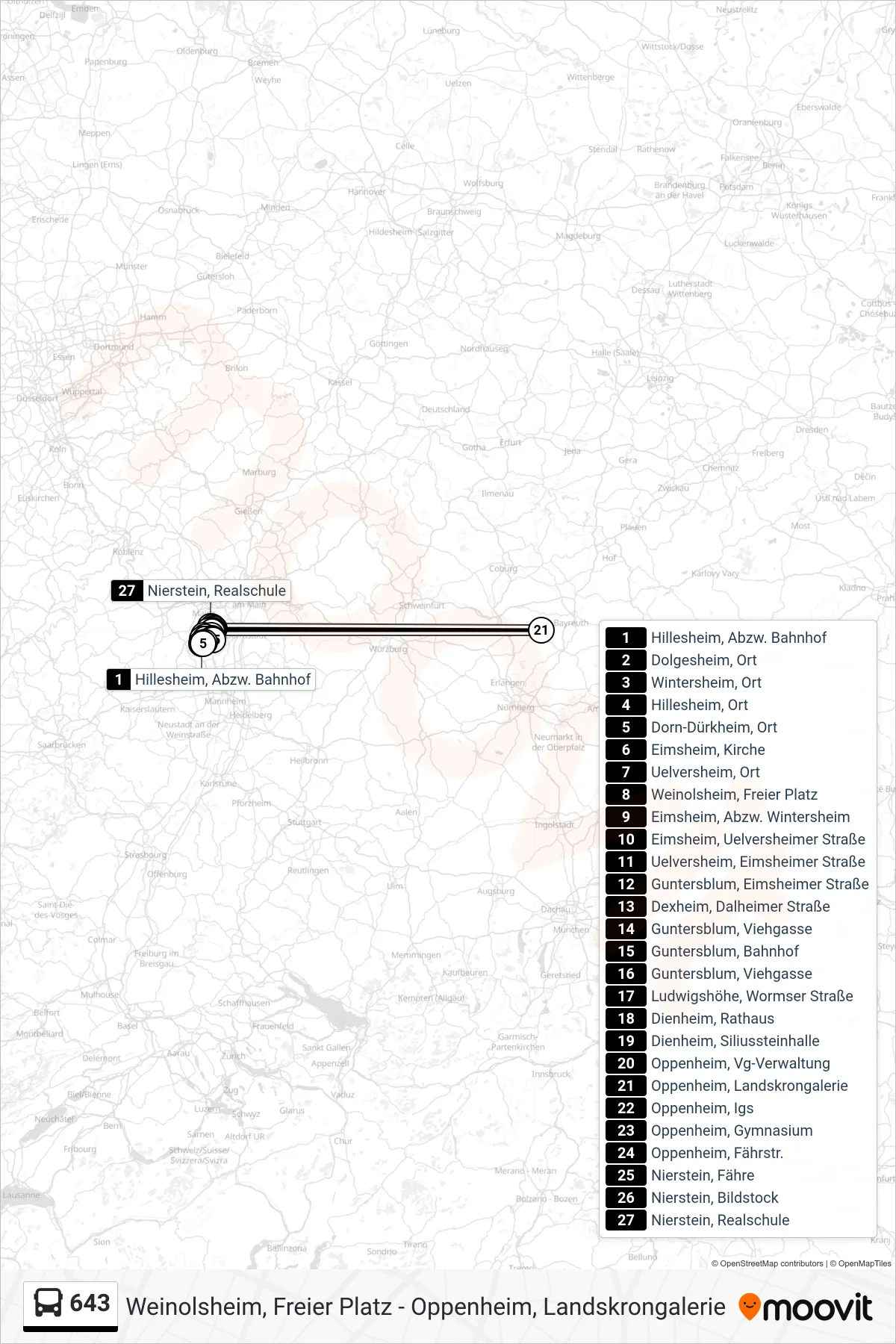 643 bus Line (Nierstein, Realschule) route and stops on a map