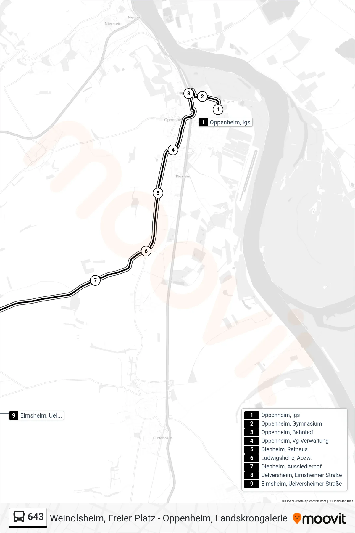 643 bus Line (Eimsheim, Uelversheimer Straße) route and stops on a map