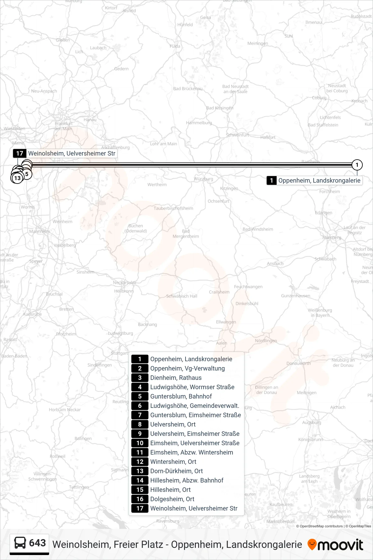 643 bus Line (Weinolsheim, Uelversheimer Str) route and stops on a map