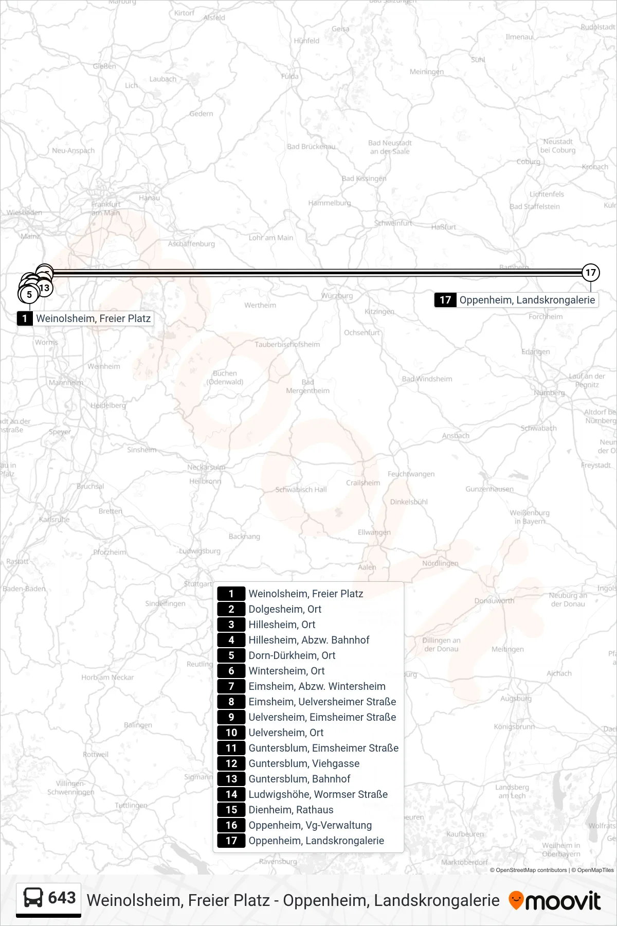643 bus Line (Oppenheim, Landskrongalerie) route and stops on a map