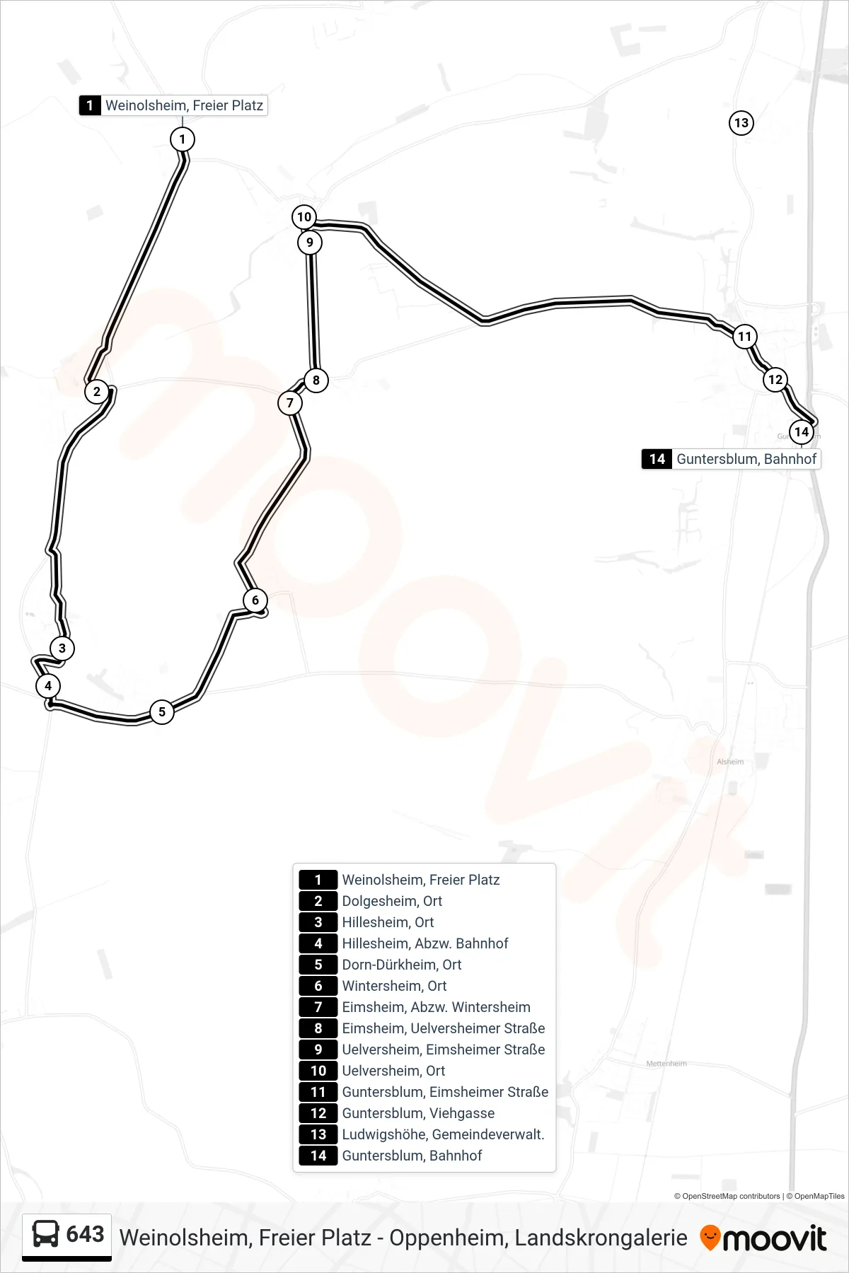 643 bus Line (Guntersblum, Bahnhof) route and stops on a map