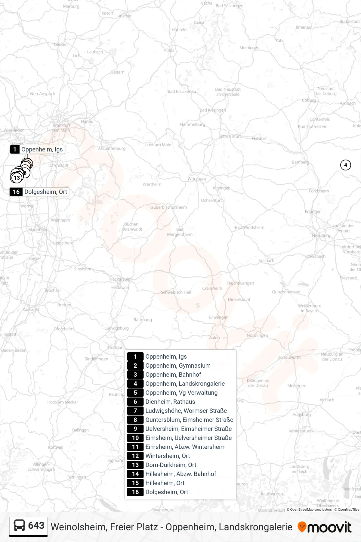 643 bus Line (Dolgesheim, Ort) route and stops on a map
