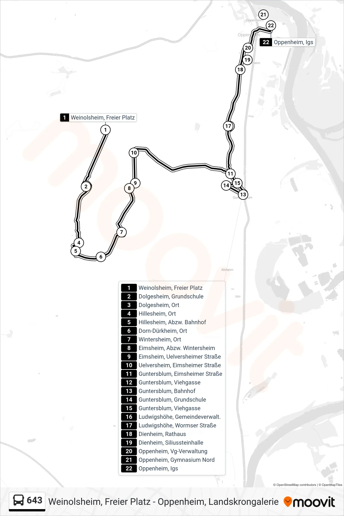 643 bus Line (Oppenheim, Igs) route and stops on a map