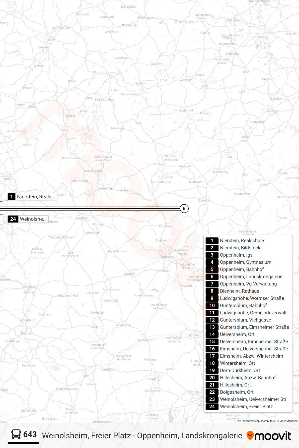 643 bus Line (Weinolsheim, Freier Platz) route and stops on a map