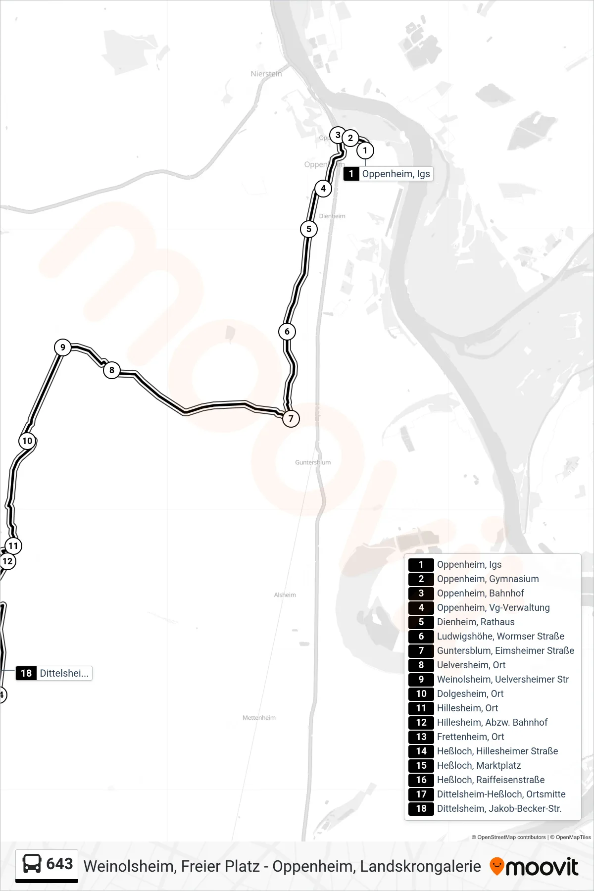 643 bus Line (Dittelsheim, Jakob-Becker-Str.) route and stops on a map
