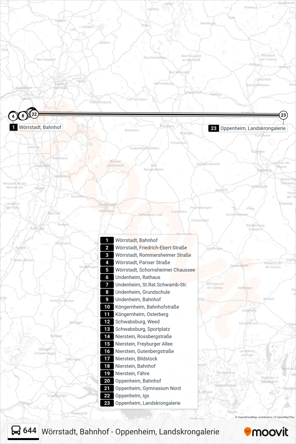 644 bus Line (Oppenheim, Landskrongalerie) route and stops on a map