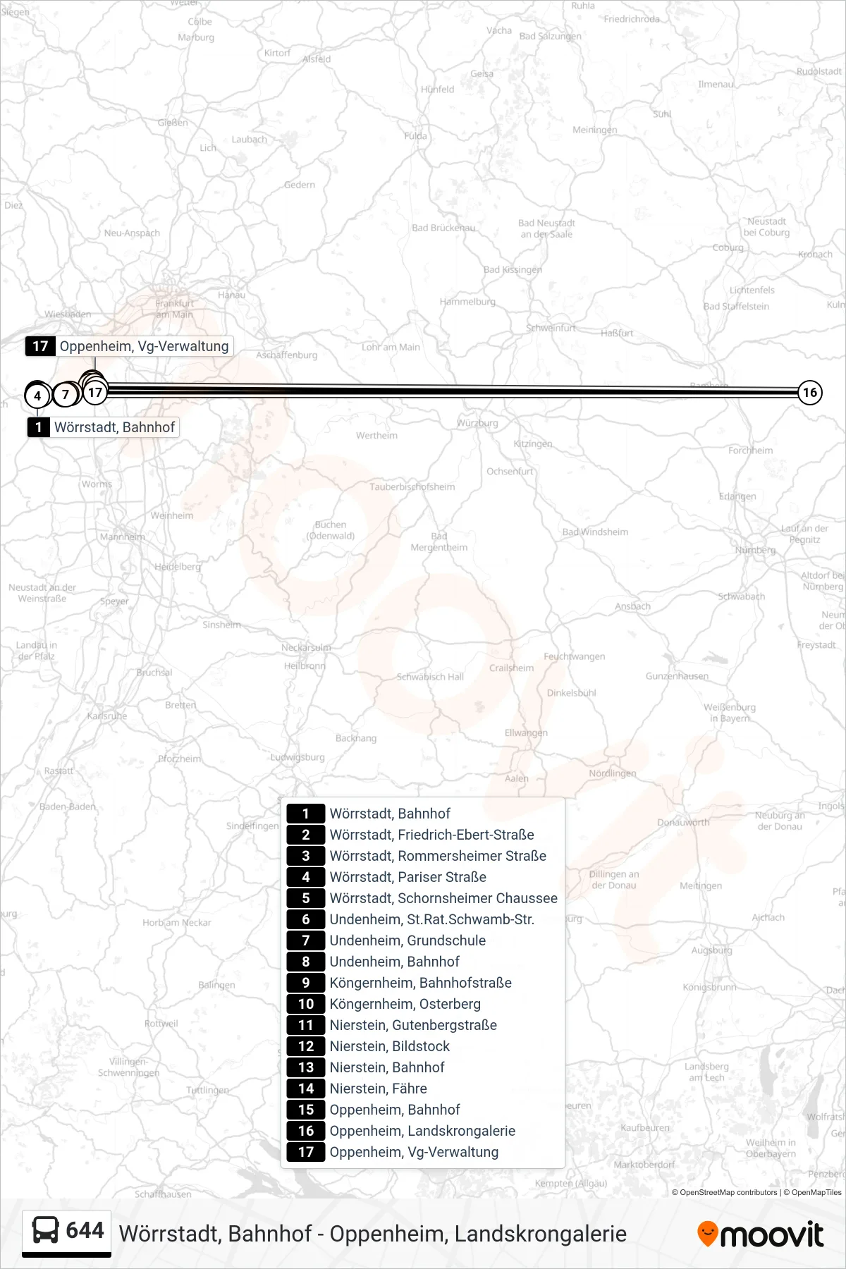 644 bus Line (Oppenheim, Vg-Verwaltung) route and stops on a map
