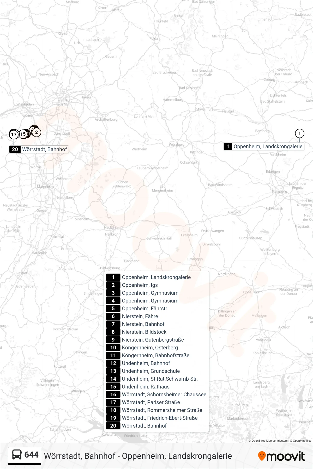 644 bus Line (Wörrstadt, Bahnhof) route and stops on a map