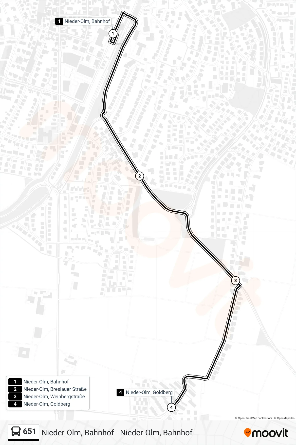 Linie 651 (Bus) Richtung Nieder-Olm, Goldberg: Route und Haltestellen auf der Karte