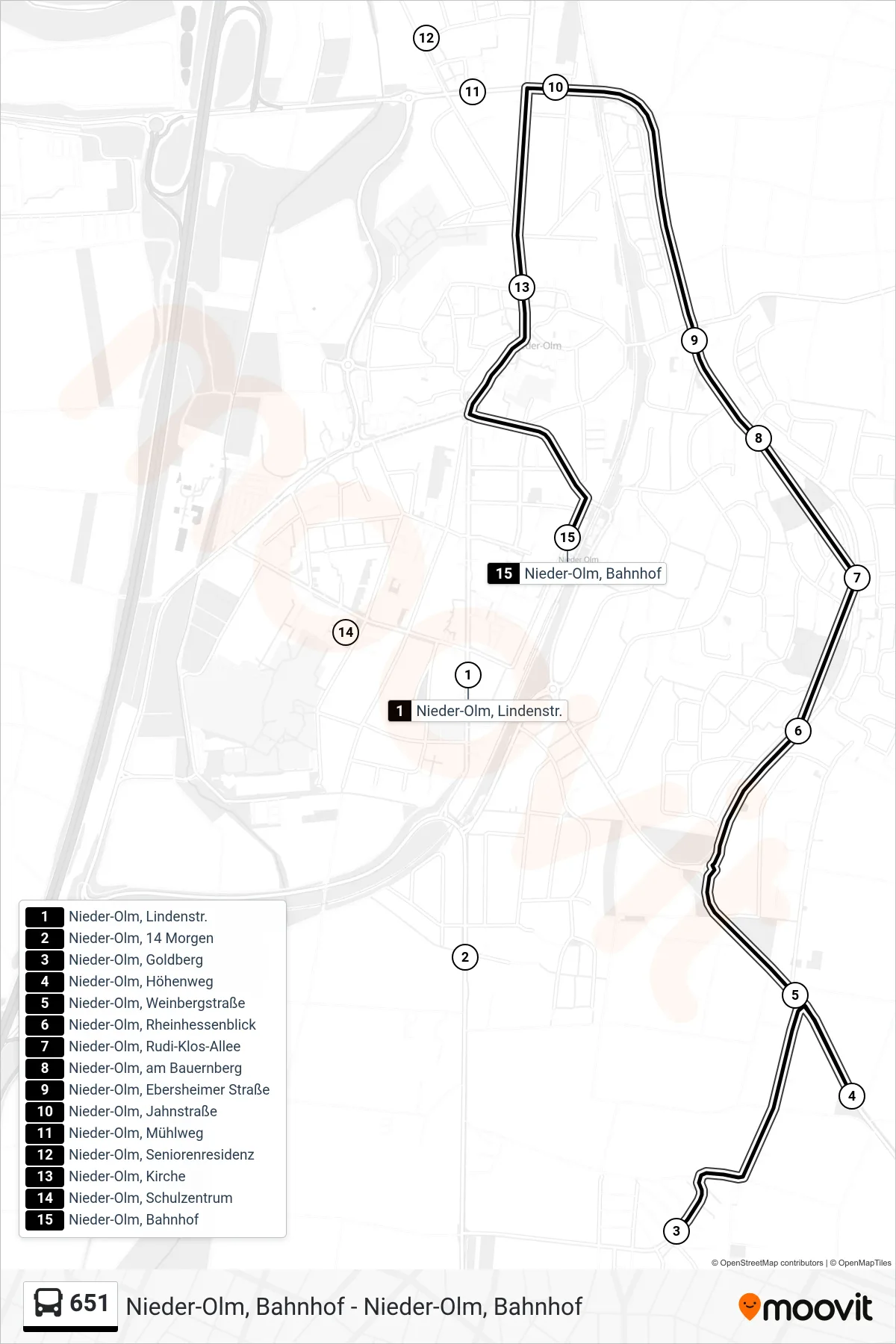 651 bus Line (Nieder-Olm, Bahnhof) route and stops on a map