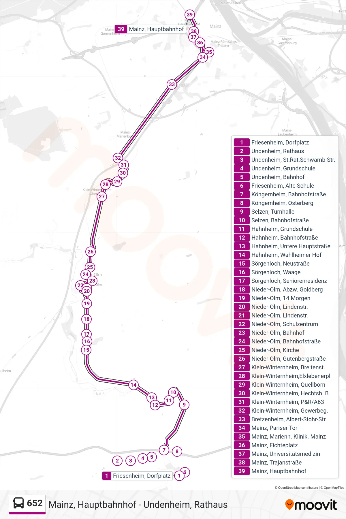 652 bus Line (Mainz, Hauptbahnhof) route and stops on a map