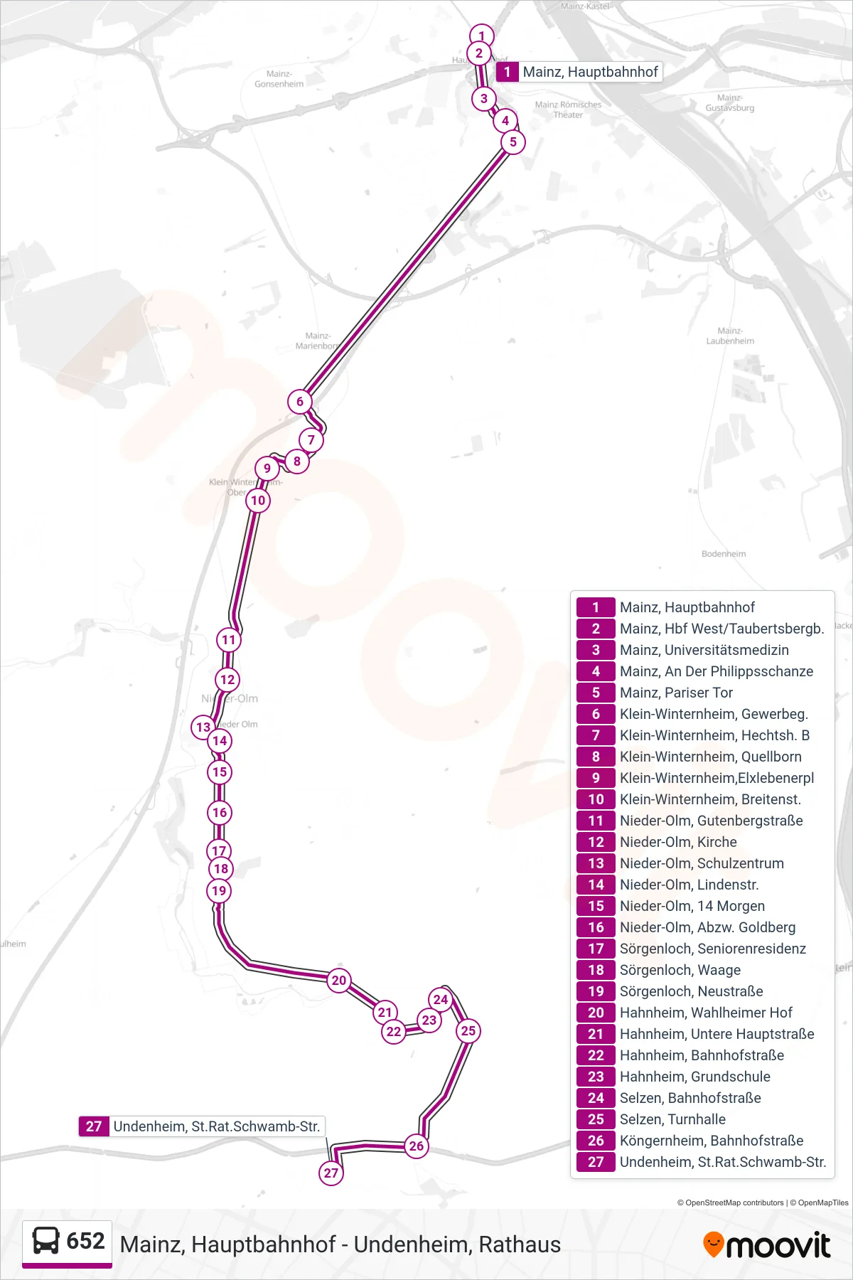 652 bus Line (Undenheim, St.Rat.Schwamb-Str.) route and stops on a map