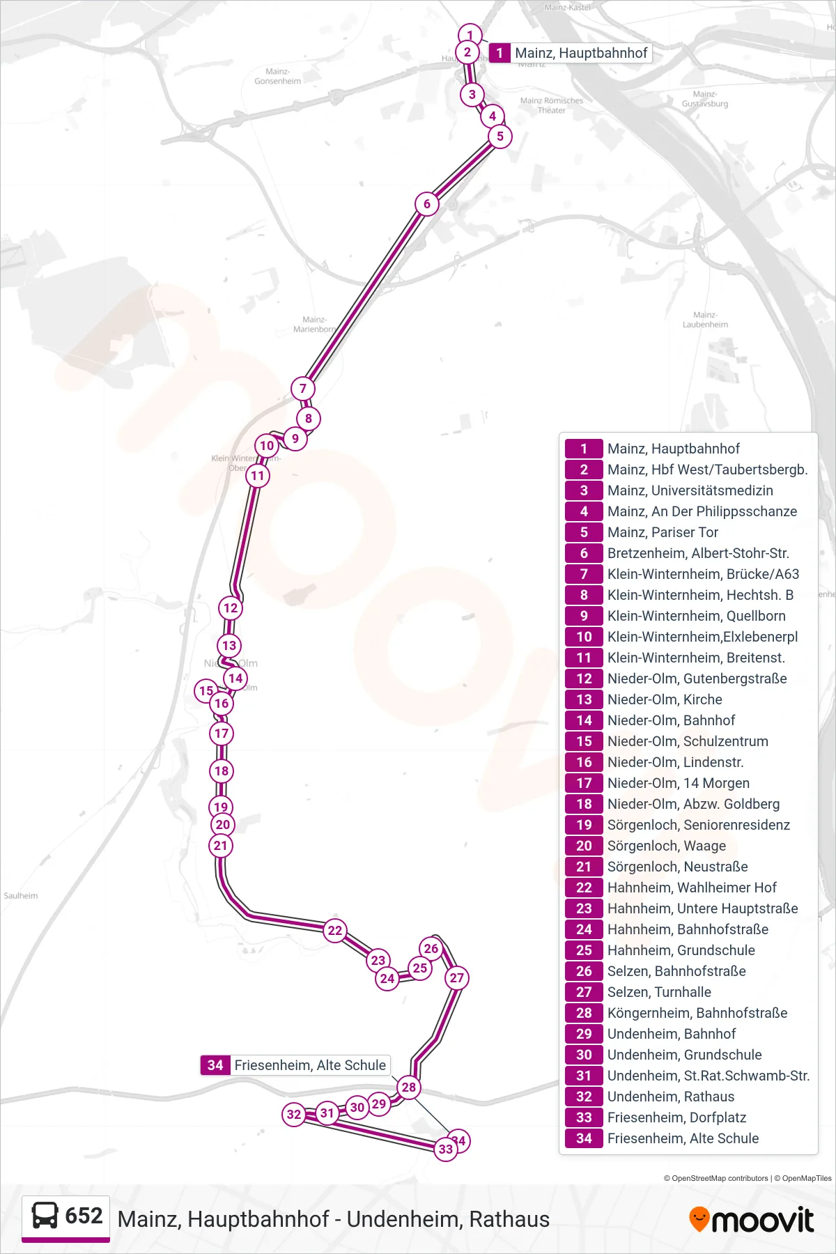 652 bus Line (Friesenheim, Alte Schule) route and stops on a map