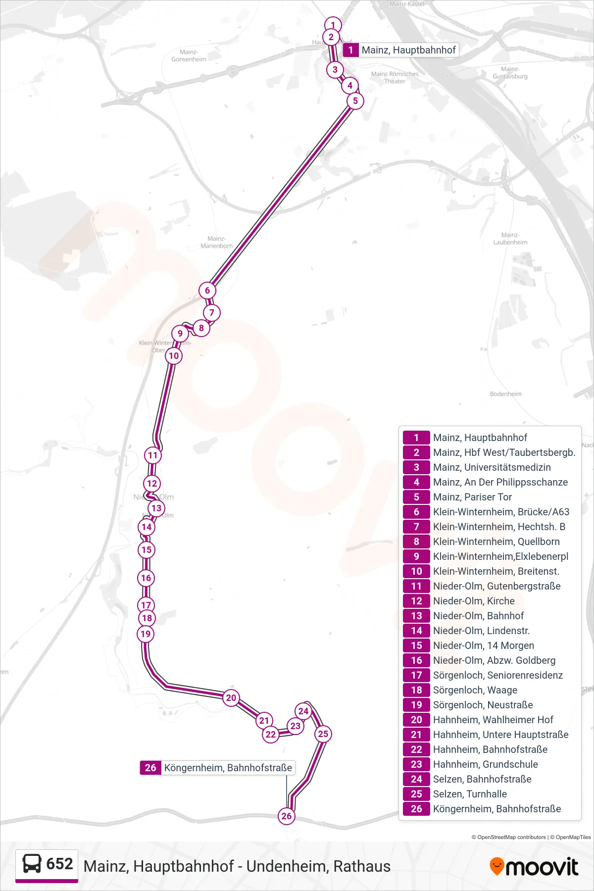 652 bus Line (Köngernheim, Bahnhofstraße) route and stops on a map