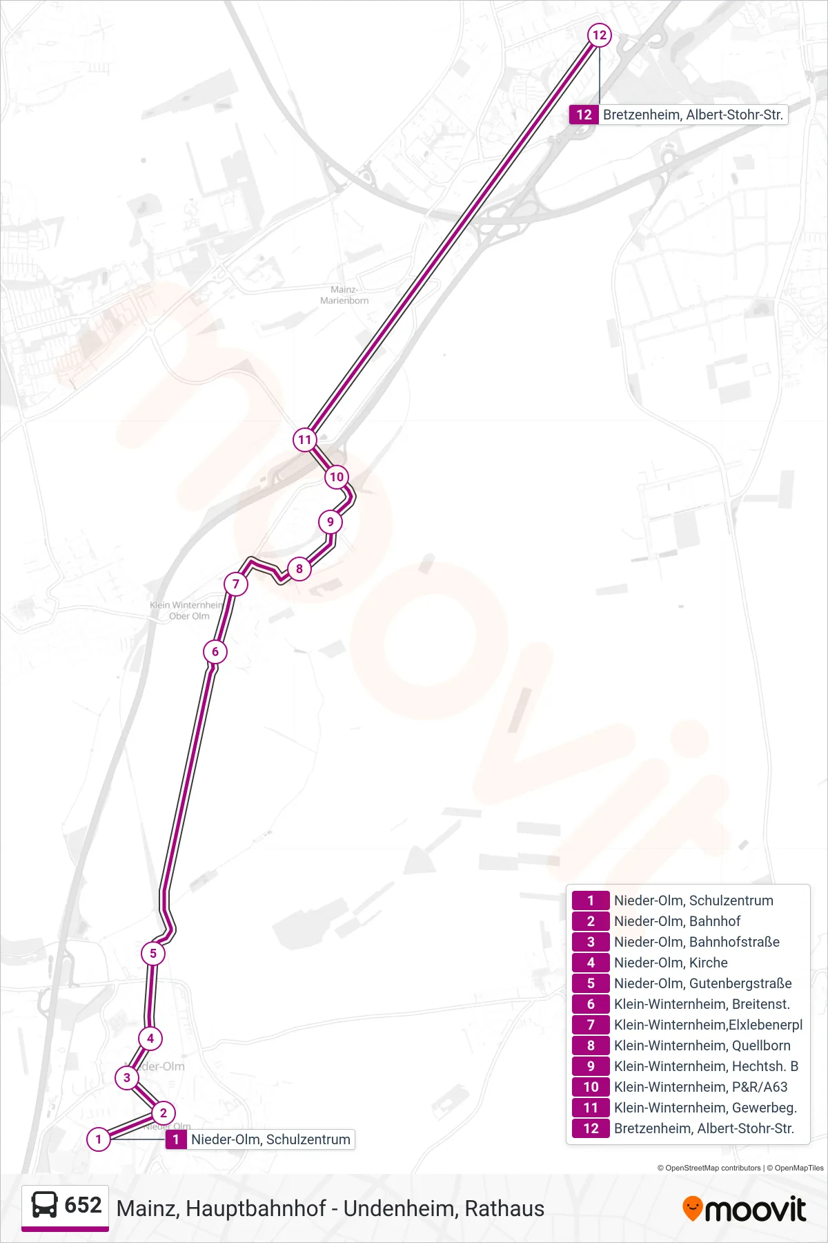 652 bus Line (Bretzenheim, Albert-Stohr-Str.) route and stops on a map