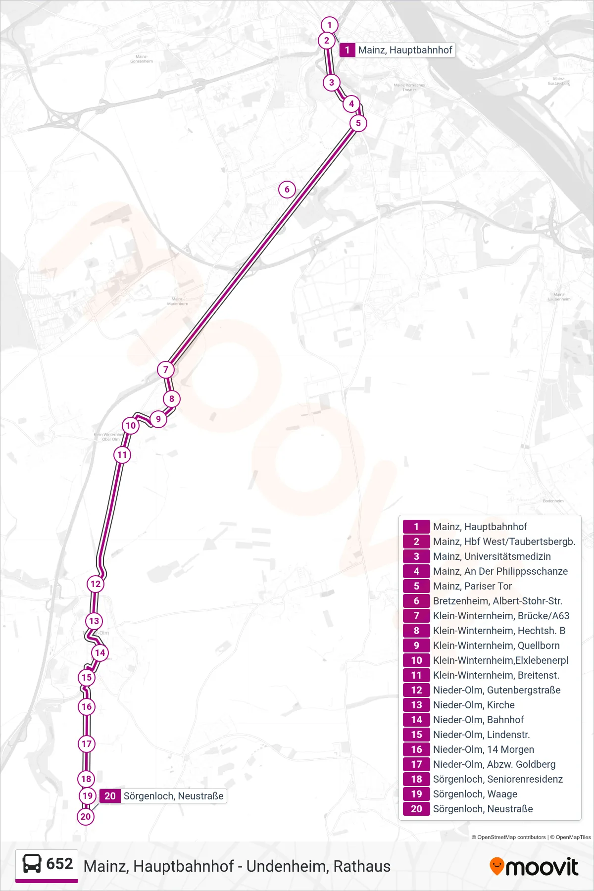 652 bus Line (Sörgenloch, Neustraße) route and stops on a map