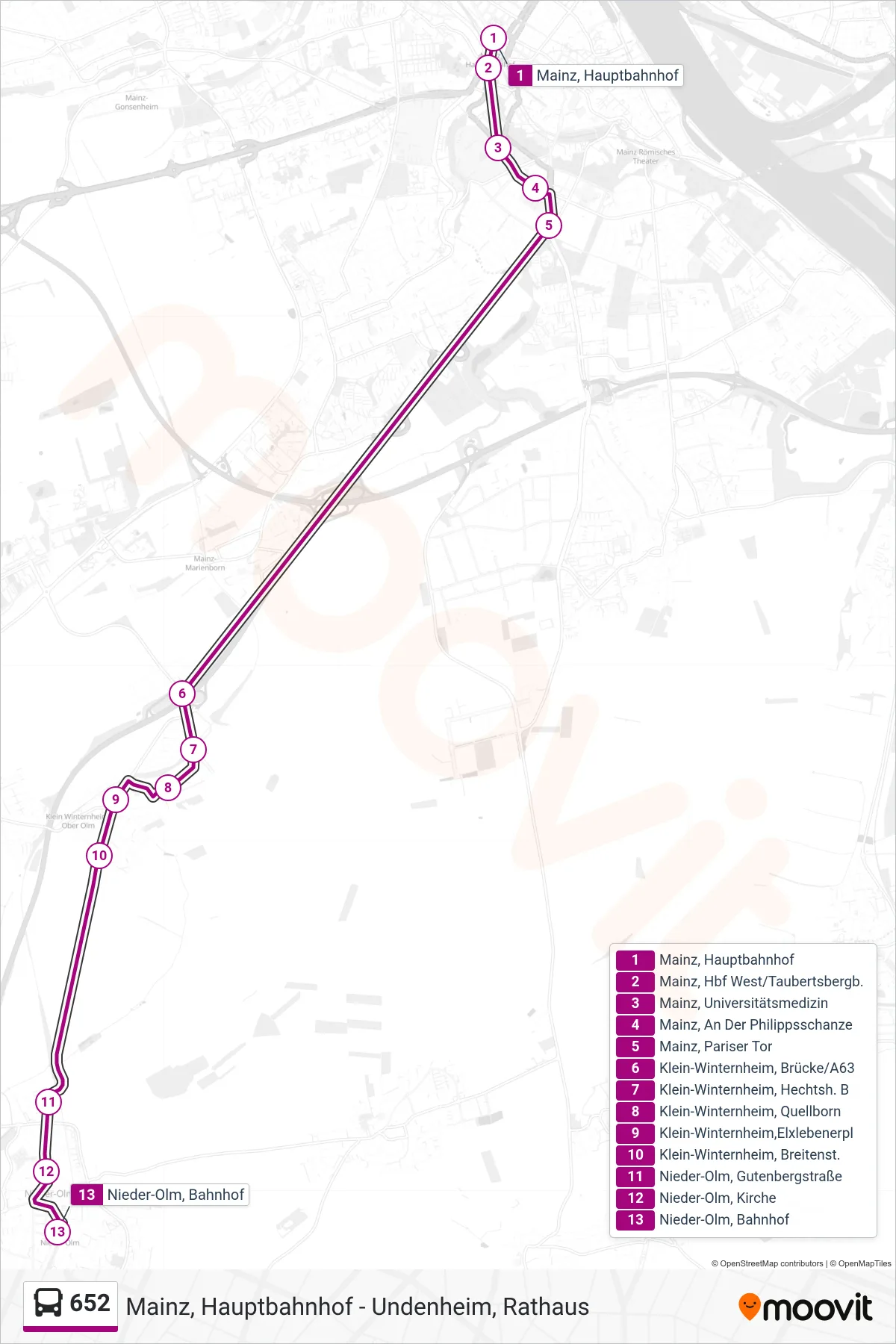 652 bus Line (Nieder-Olm, Bahnhof) route and stops on a map