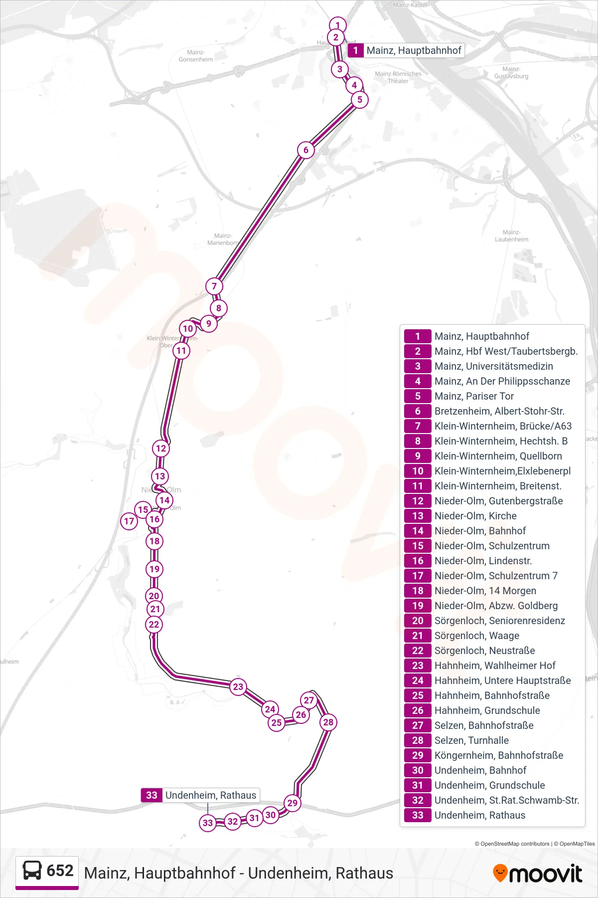 652 bus Line (Undenheim, Rathaus) route and stops on a map