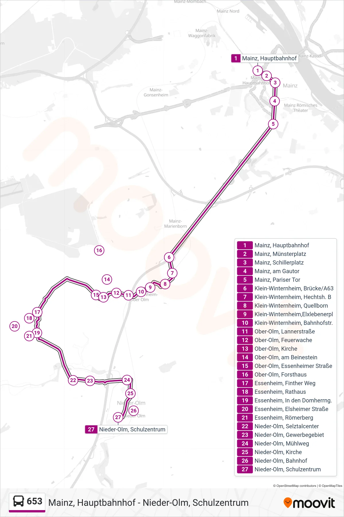 Linie 653 (Bus) Richtung Nieder-Olm, Schulzentrum: Route und Haltestellen auf der Karte