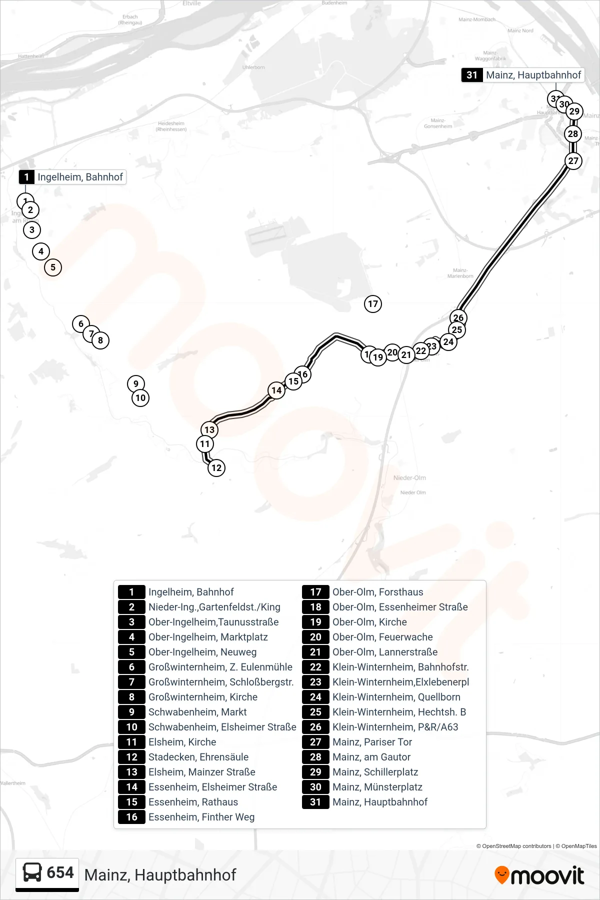 654 bus Line (Mainz, Hauptbahnhof) route and stops on a map
