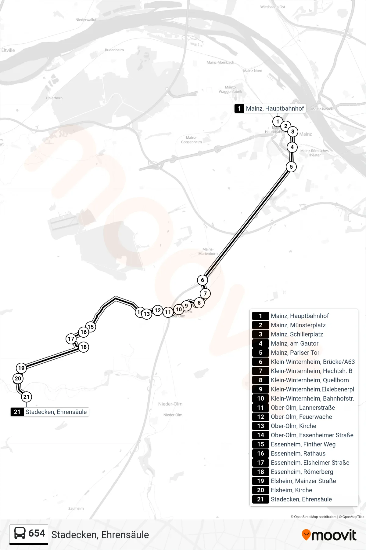654 bus Line (Stadecken, Ehrensäule) route and stops on a map