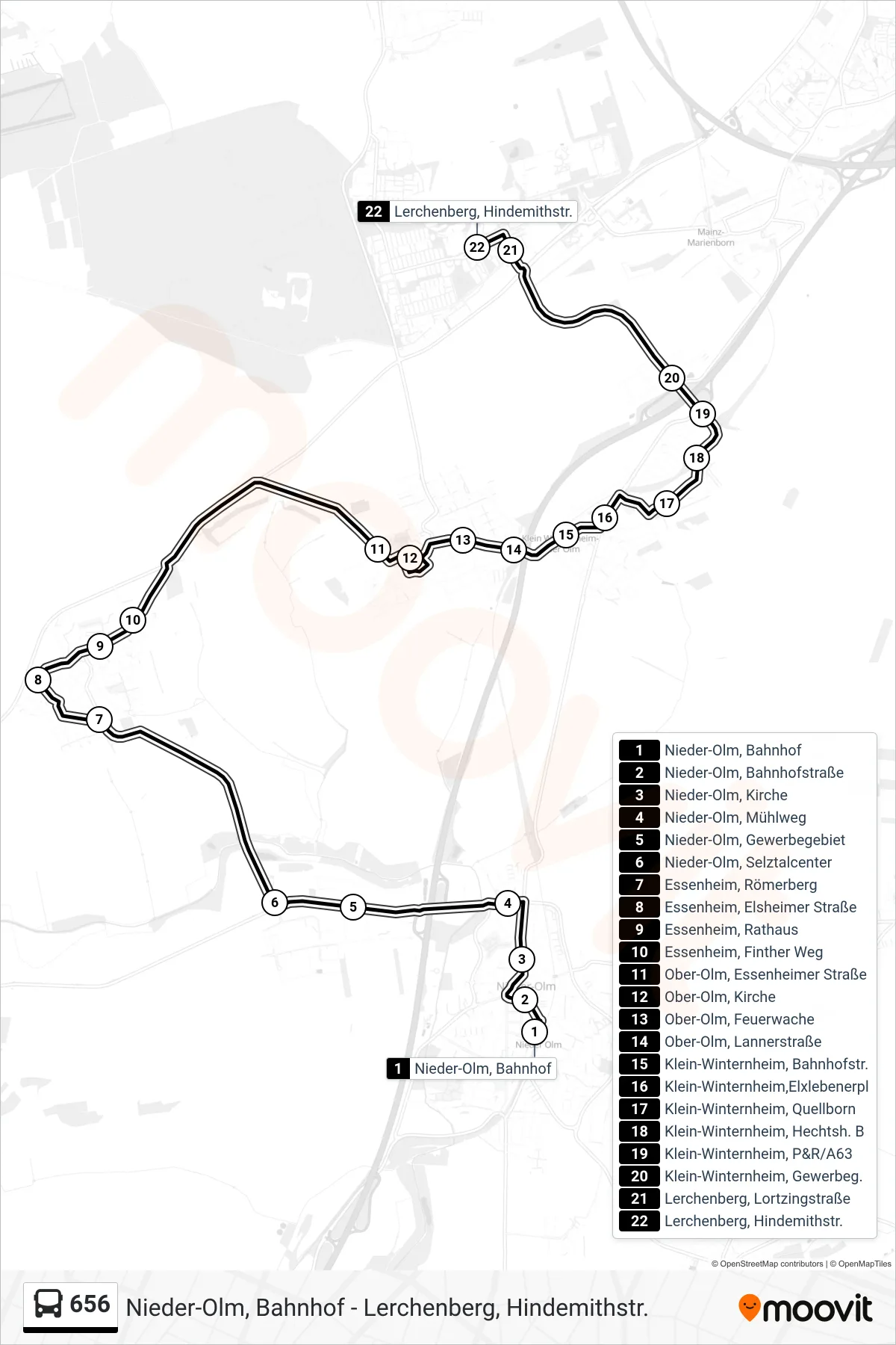 656 bus Line (Lerchenberg, Hindemithstr.) route and stops on a map