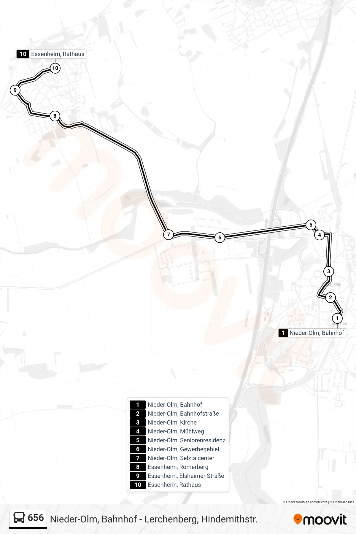 656 bus Line (Essenheim, Rathaus) route and stops on a map