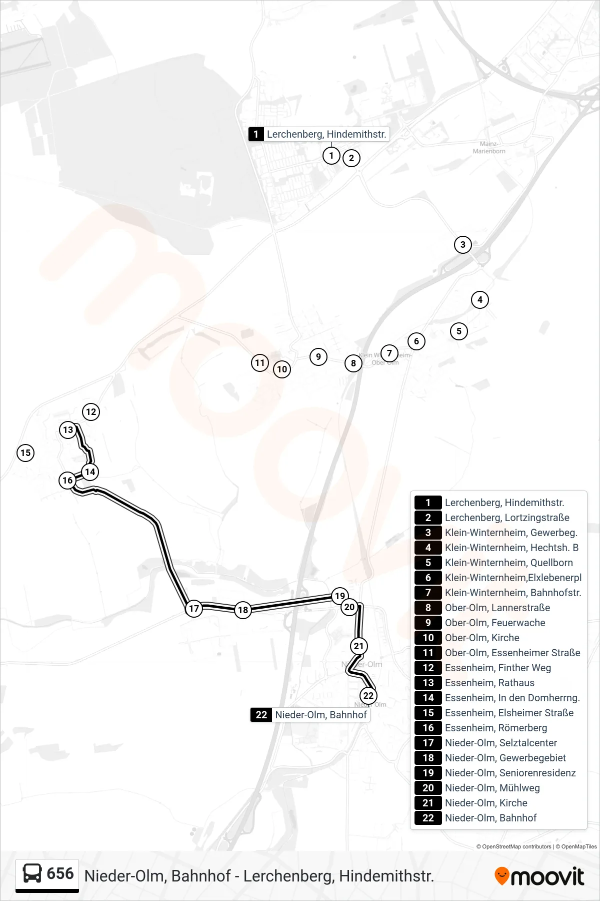 Linie 656 (Bus) Richtung Nieder-Olm, Bahnhof: Route und Haltestellen auf der Karte