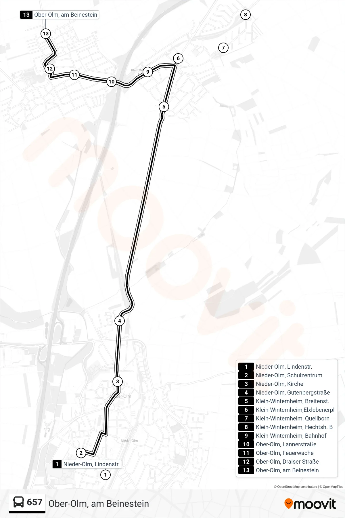 657 bus Line (Ober-Olm, am Beinestein) route and stops on a map