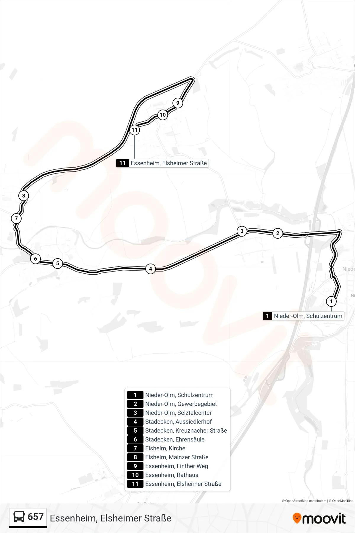 657 bus Line (Essenheim, Elsheimer Straße) route and stops on a map