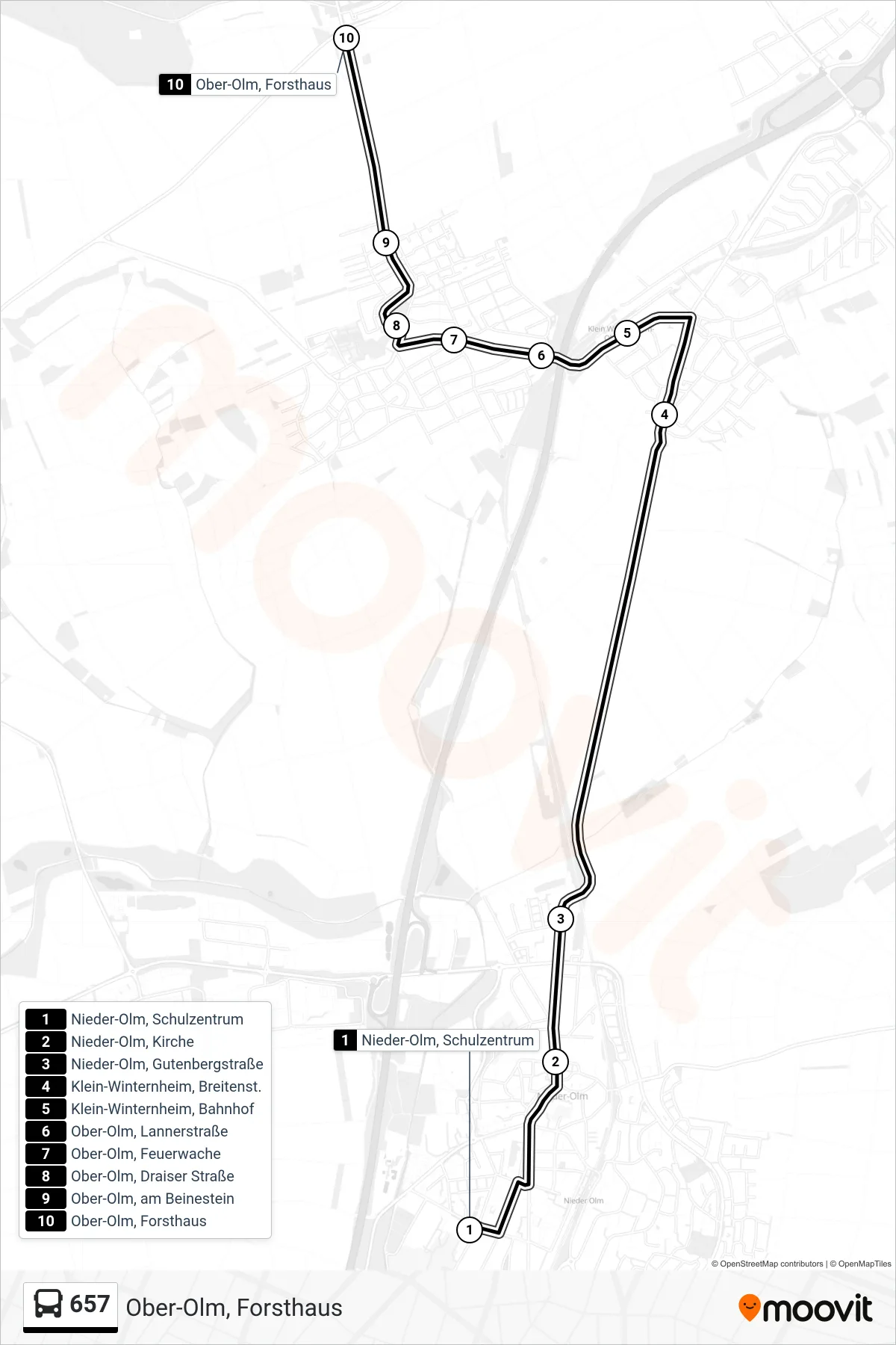 657 bus Line (Ober-Olm, Forsthaus) route and stops on a map