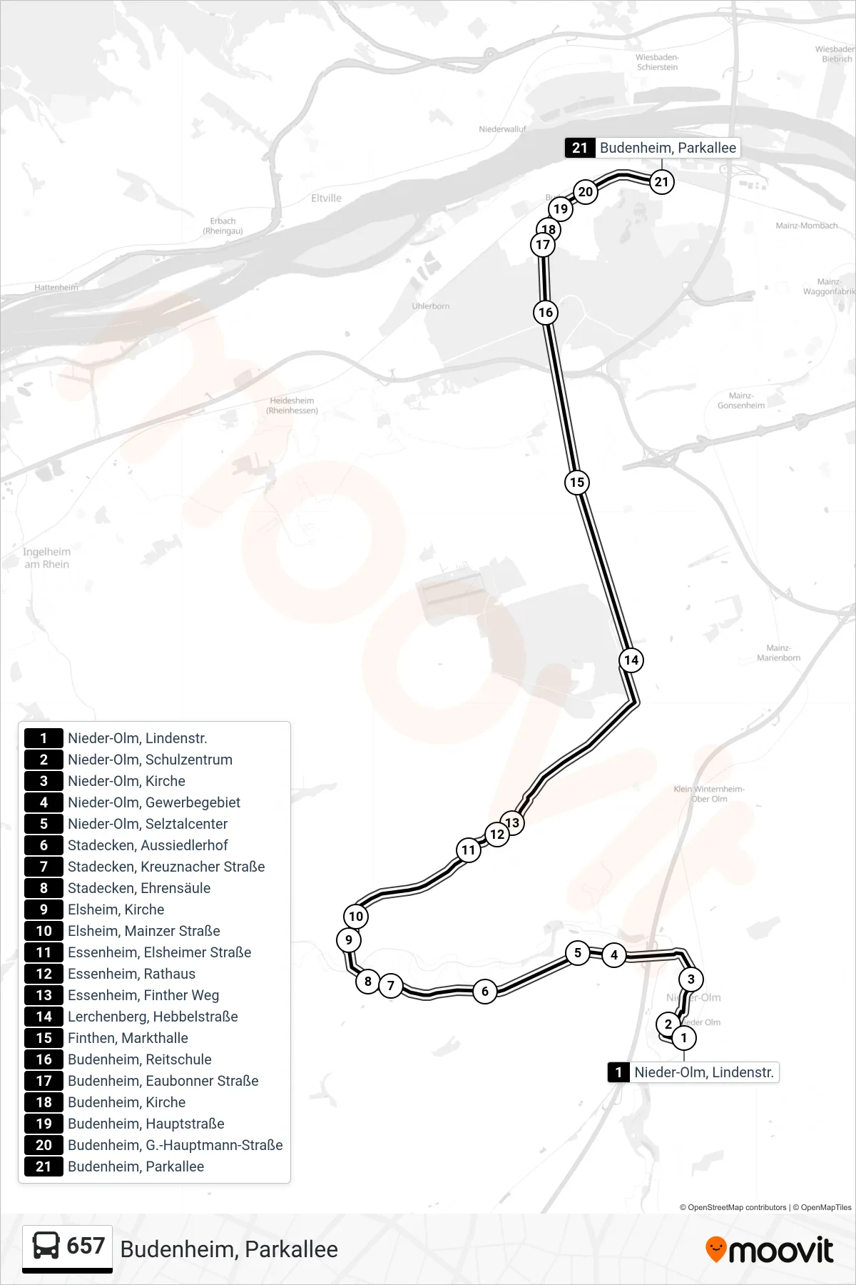 657 bus Line (Budenheim, Parkallee) route and stops on a map