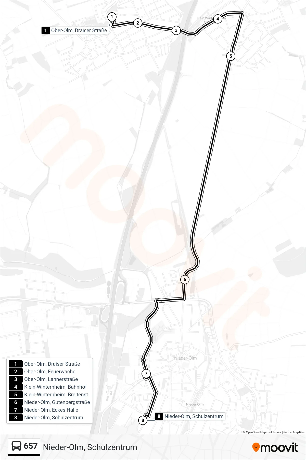 657 bus Line (Nieder-Olm, Schulzentrum) route and stops on a map