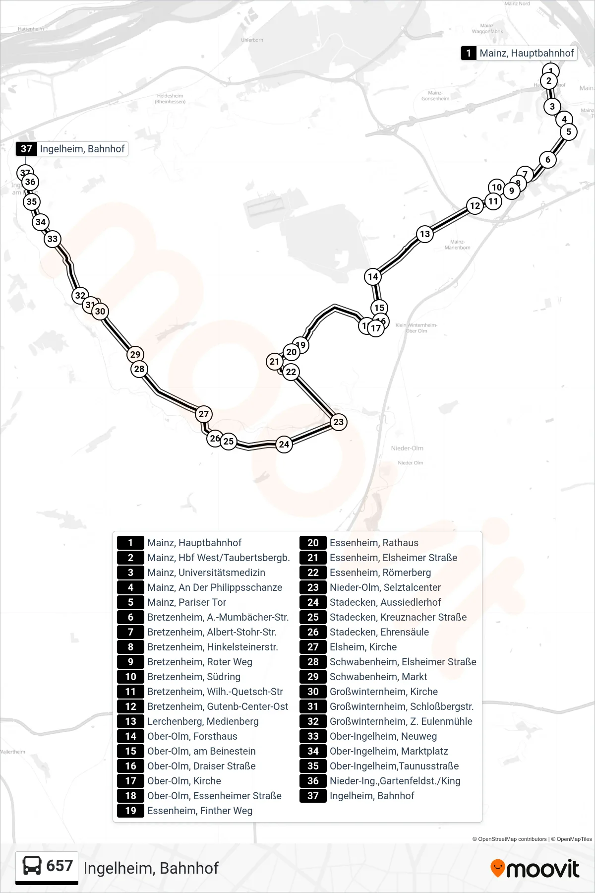 Linie 657 (Bus) Richtung Ingelheim, Bahnhof: Route und Haltestellen auf der Karte