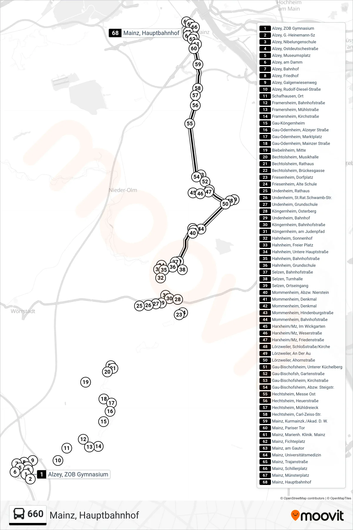 Linie 660 (Bus) Richtung Mainz, Hauptbahnhof: Route und Haltestellen auf der Karte