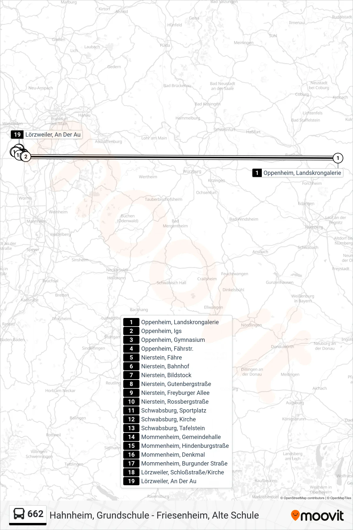 662 bus Line (Lörzweiler, An Der Au) route and stops on a map