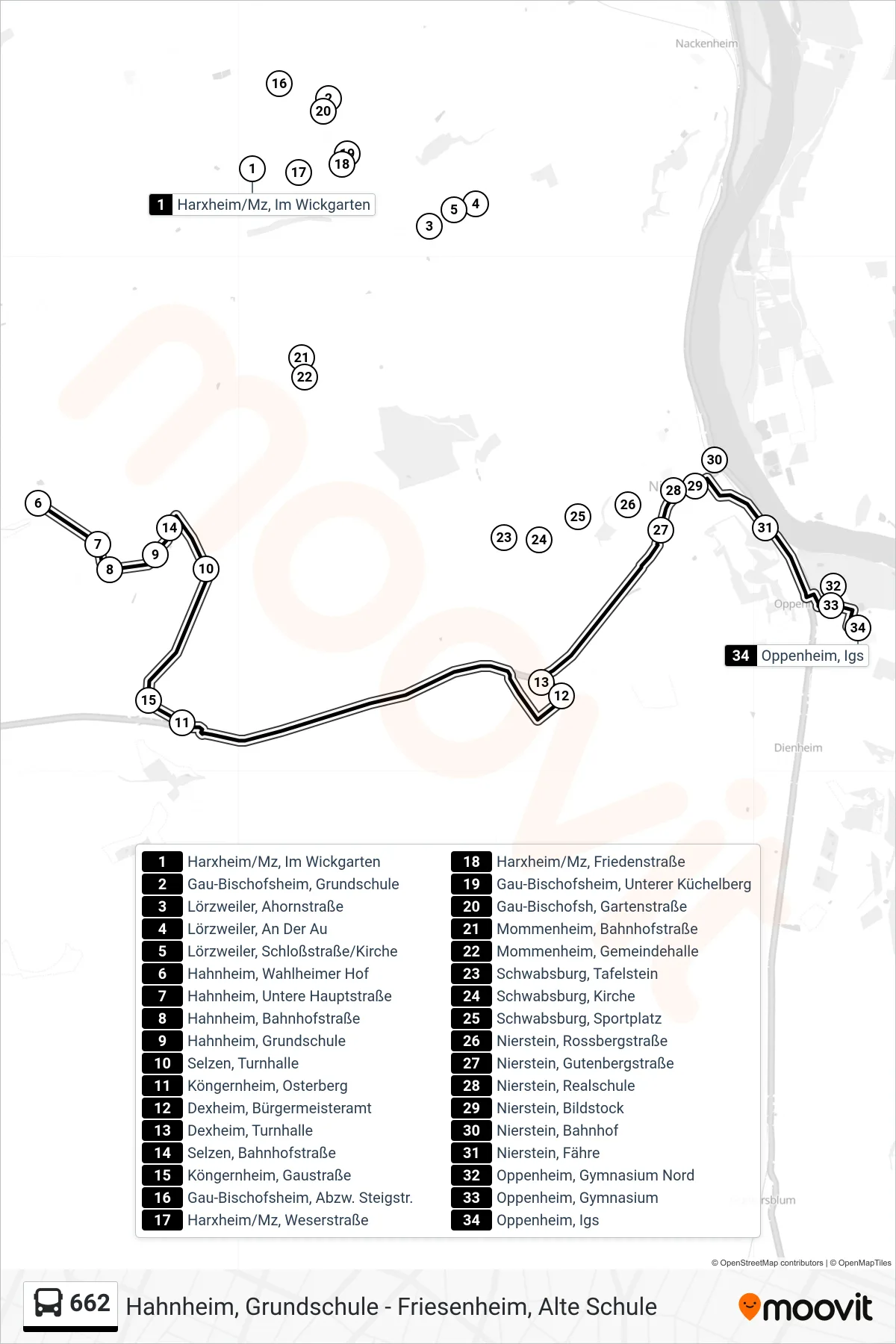 662 bus Line (Oppenheim, Igs) route and stops on a map