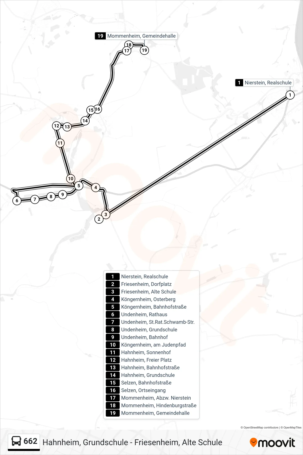 662 bus Line (Mommenheim, Gemeindehalle) route and stops on a map