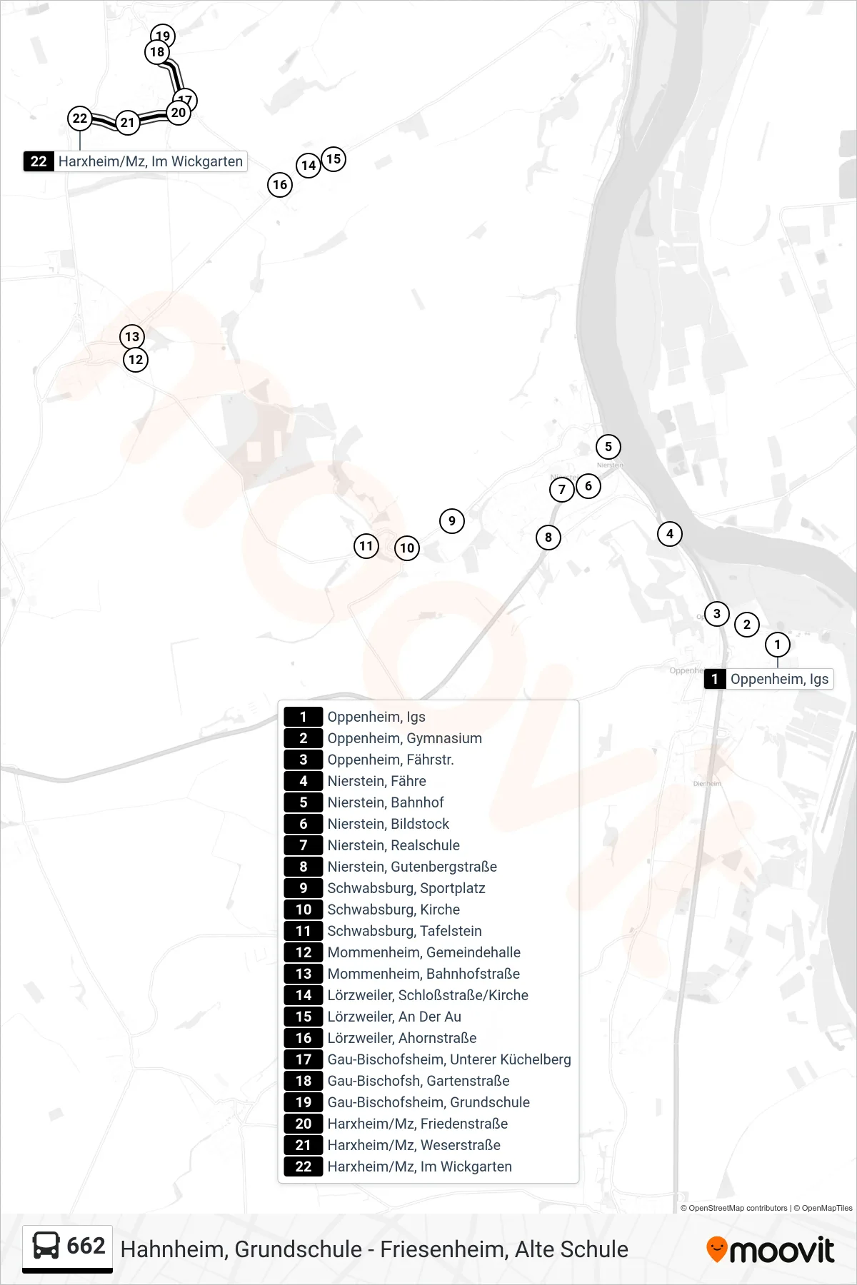 662 bus Line (Harxheim/Mz, Im Wickgarten) route and stops on a map